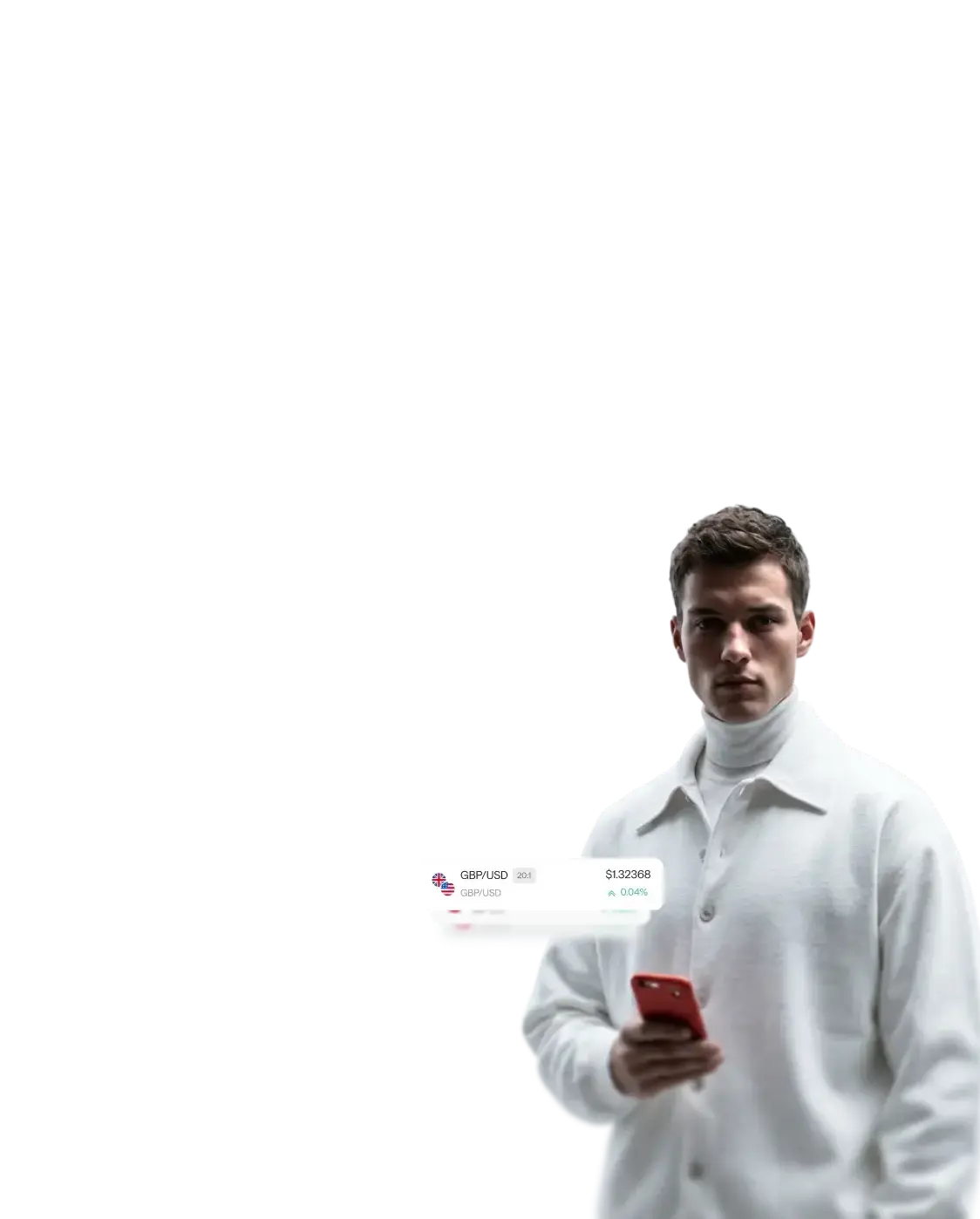 man holding a smartphone with a live GBP/USD market price card displayed