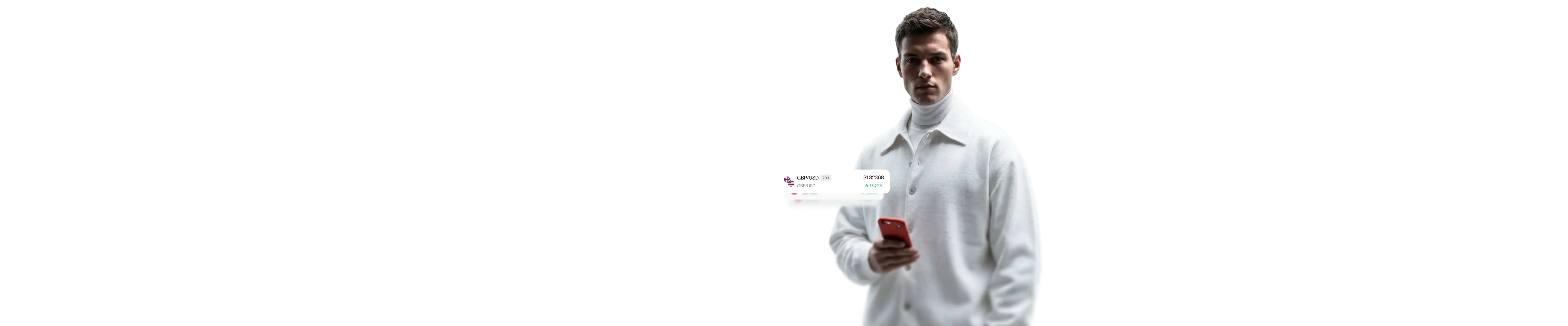 man holding a smartphone with a live GBP/USD market price card displayed